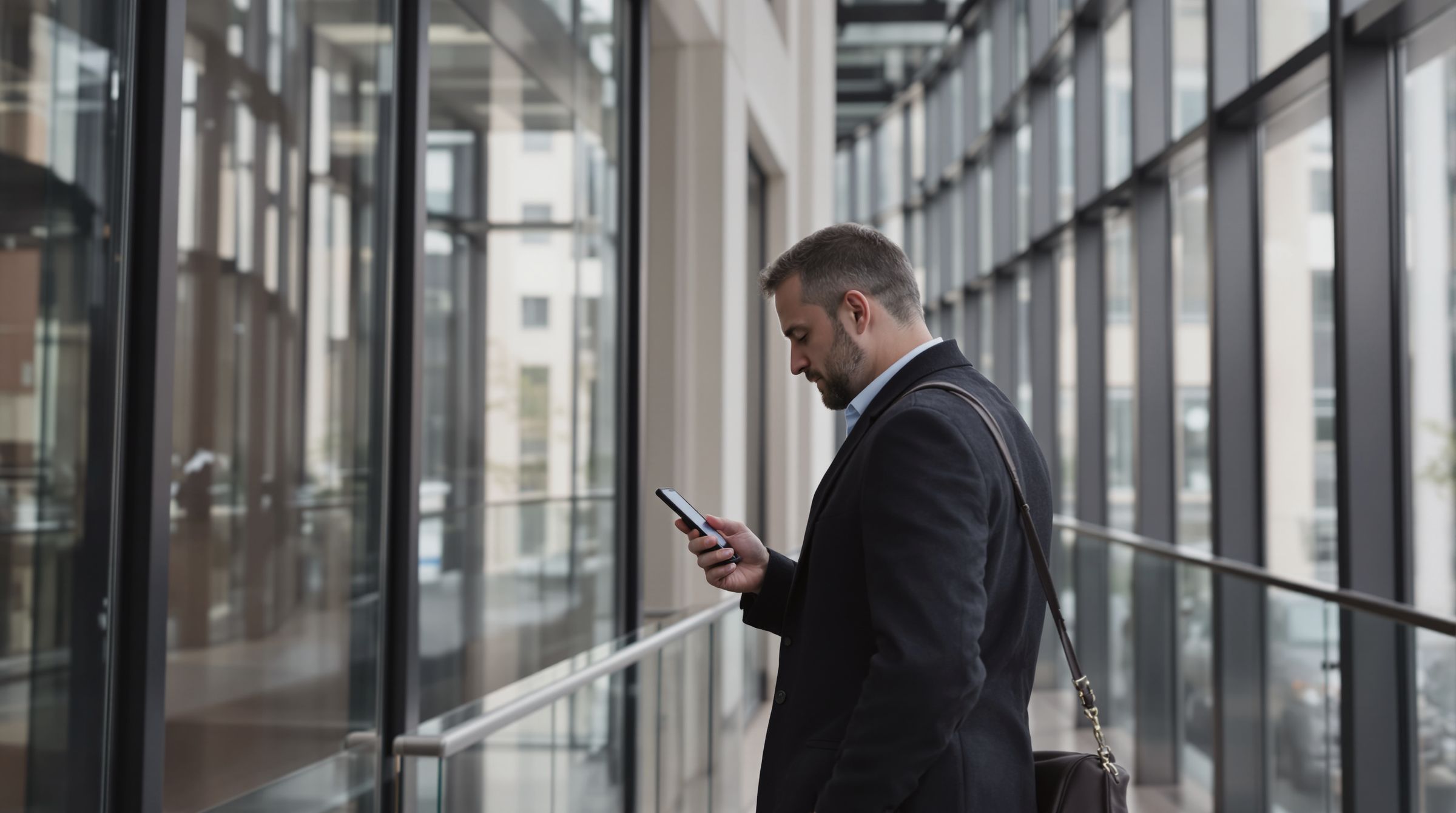 Un dirigeant entre deux rendez-vous, son téléphone en main